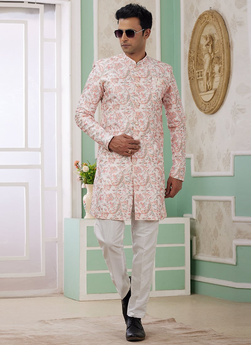 Peach Banarasi Jacquard Digital Print Indowestern Sherwani Festive Wear