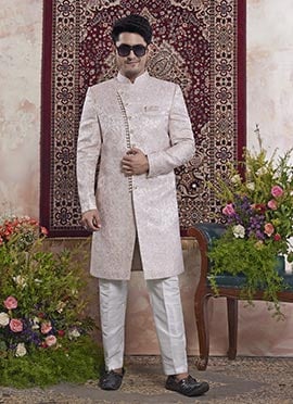 Peach Banarasi Jacquard Indowestern Sherwani