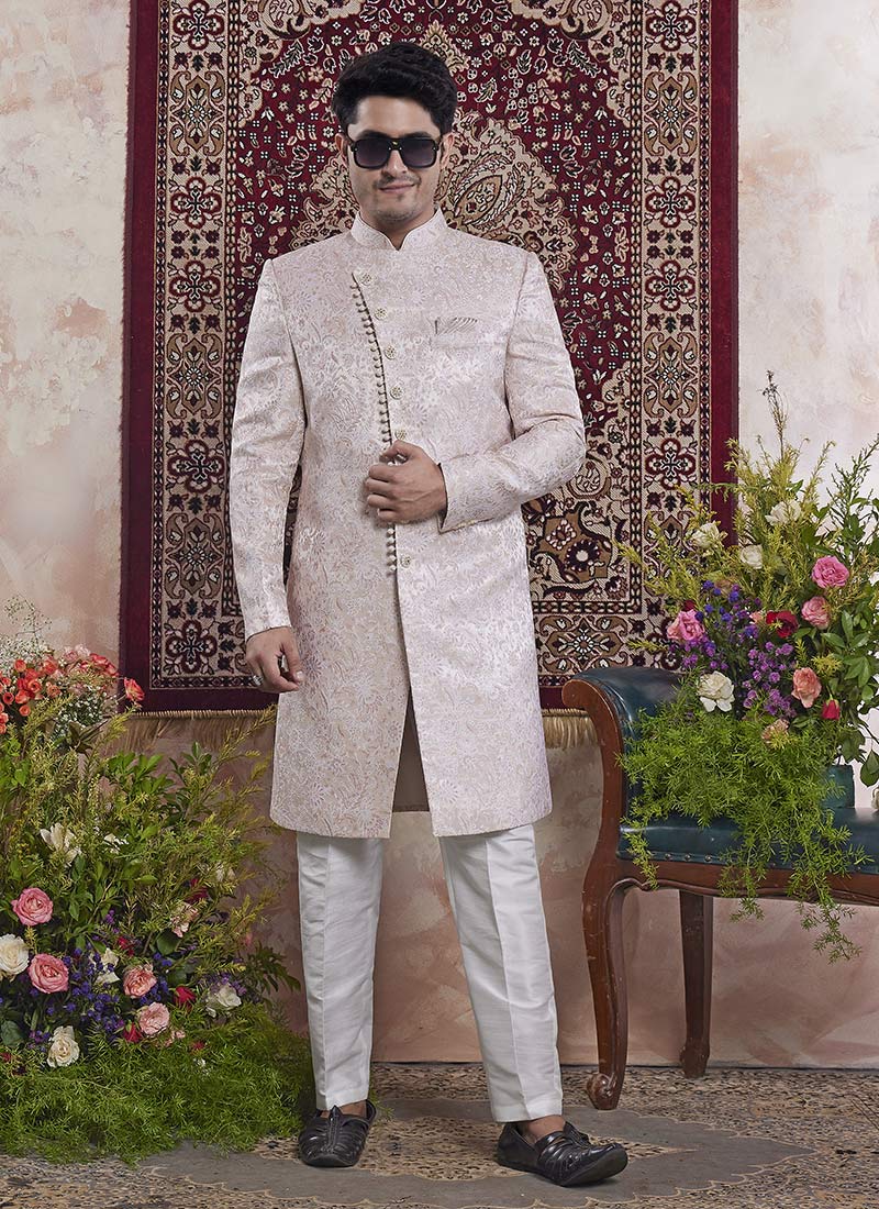 Peach Banarasi Jacquard Indowestern Sherwani Wedding Wear