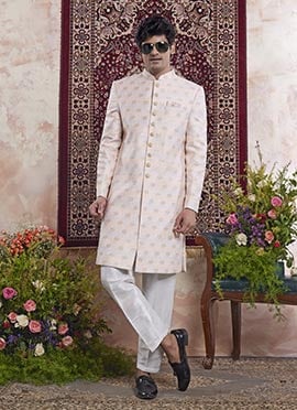 Peach Banarasi Jacquard Indowestern Sherwani