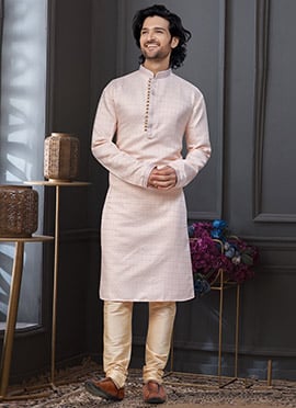 Peach Banarasi Jacquard Silk Zari Jacquard Benarasi Thread Classic Sherwani