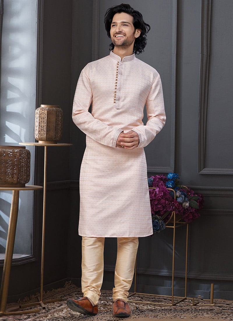 Peach Banarasi Jacquard Silk Zari Jacquard Benarasi Thread Classic Sherwani Festive Wear