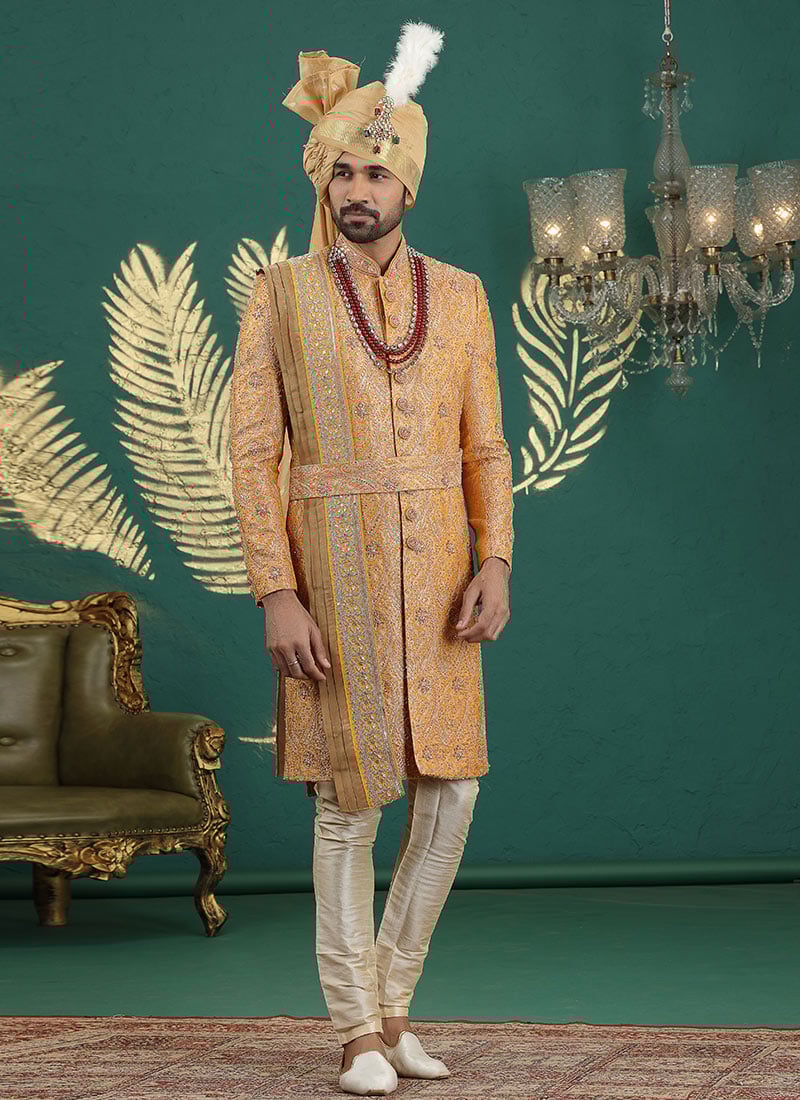 Peach Banarasi Jacquard Stones Embroidered Sequins Zari Beads Hand Embroidered Indowestern Sherwani