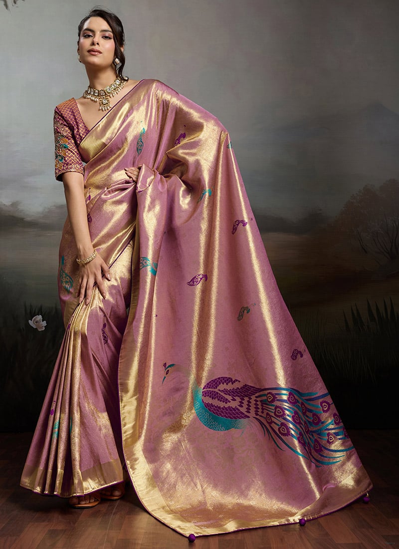 Peach Banarasi Jacquard Zari Woven saree Festive Wear