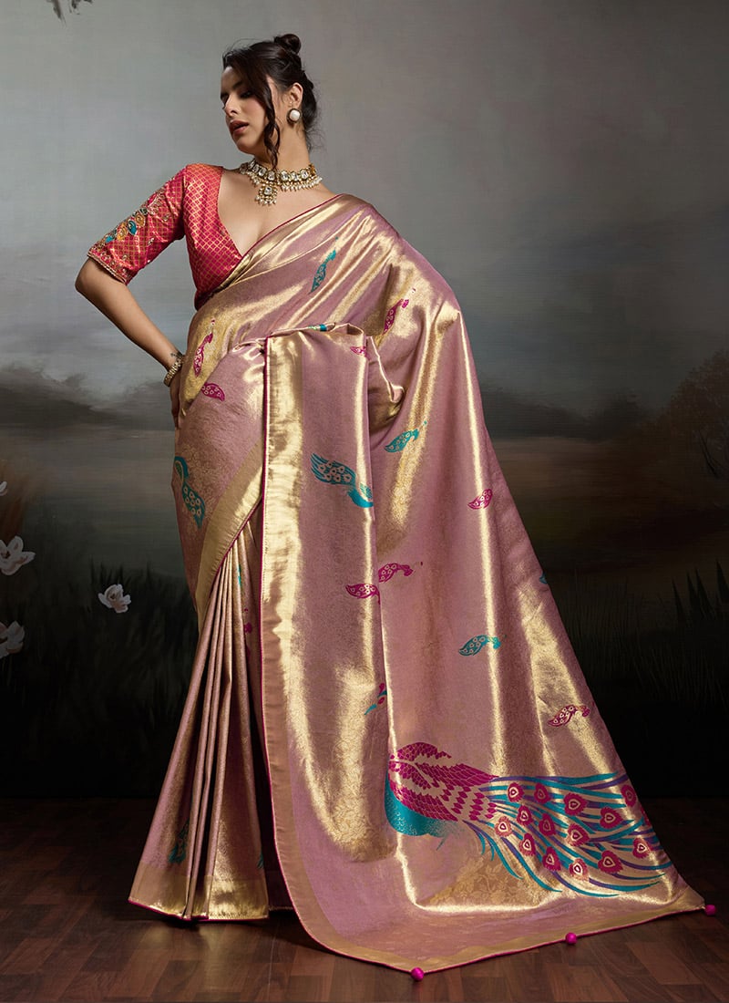 Peach Banarasi Jacquard Zari Woven saree Festive Wear