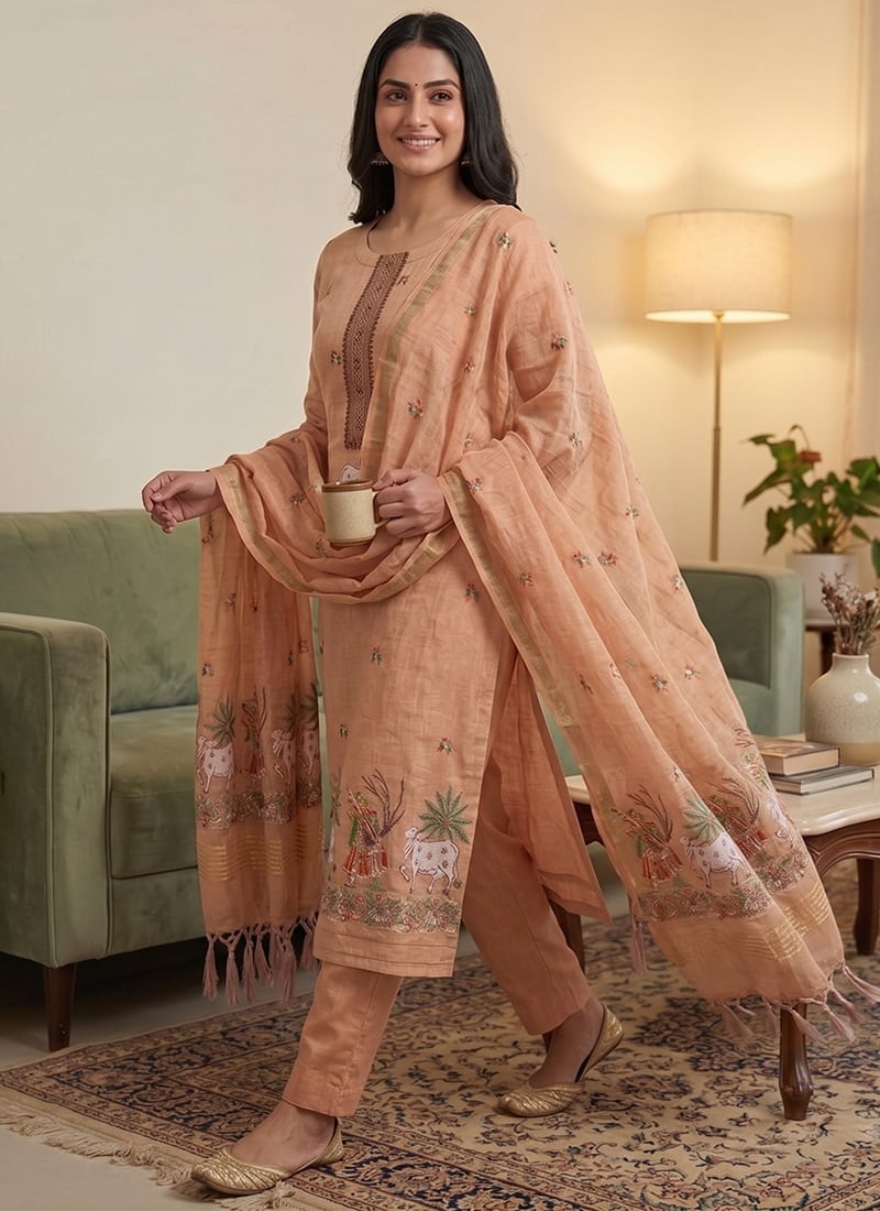Peach Banarasi Jamdani Pichwai Weaving Straight Pant Suit Leisure Wear