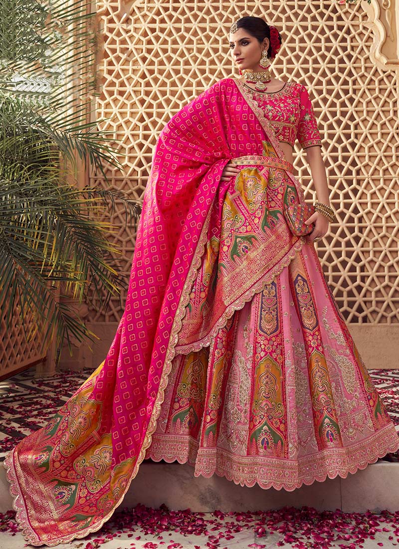 Peach Banarasi Silk Cutdana Zarkan Stones Umbrella Lehenga Wedding Wear