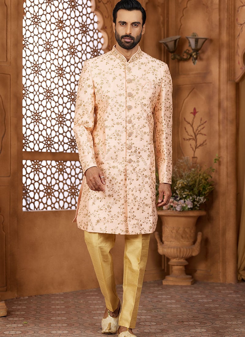 Peach Banarasi Silk Embroidered Indowestern Sherwani Wedding Wear