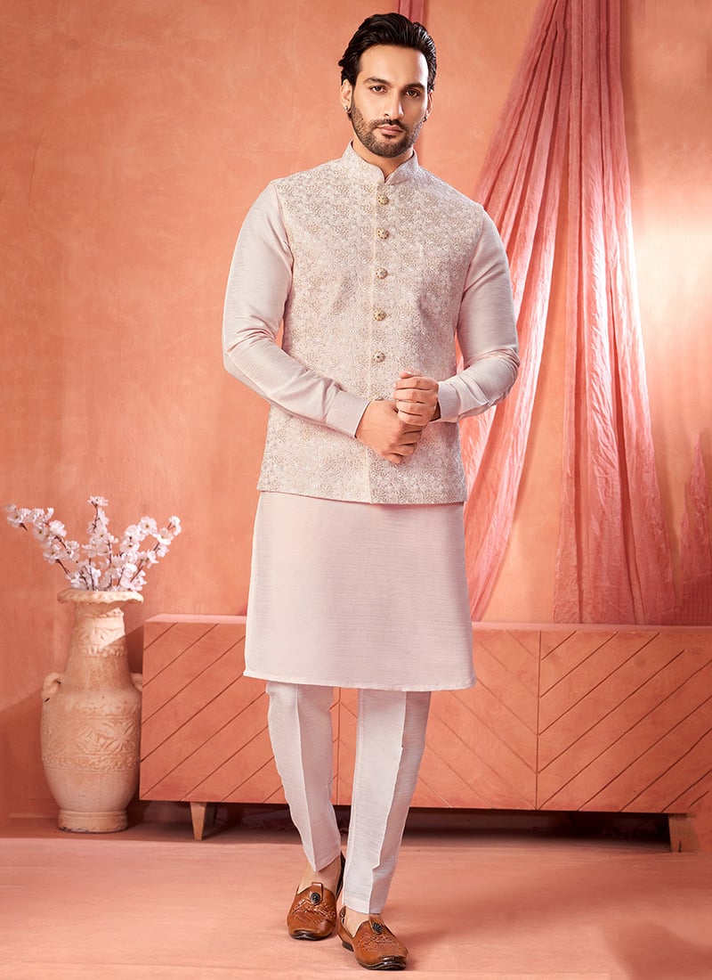 Peach Banarasi Silk Embroidered Sequins Thread Bandi Set Festive Wear