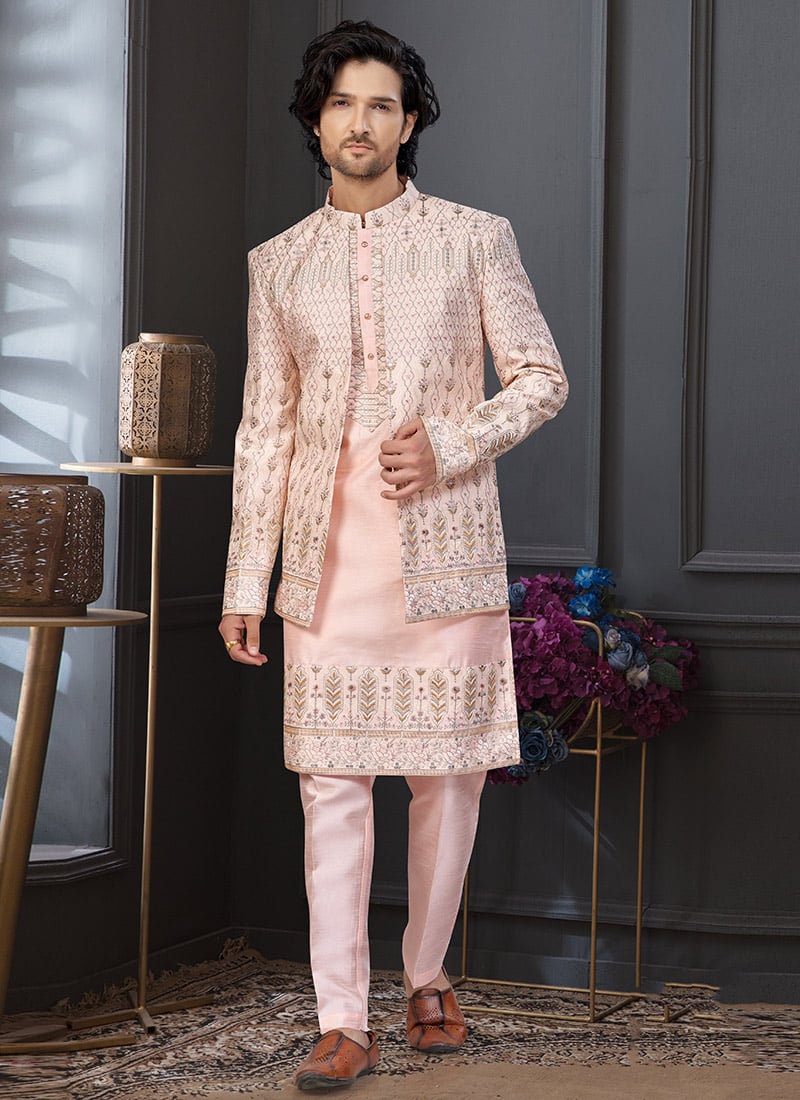 Peach Banarasi Silk Embroidered Sequins Thread Indowestern Sherwani Festive Wear