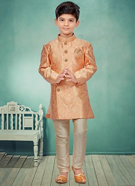 Peach Banarasi Silk Jacquard Indowestern Sherwani