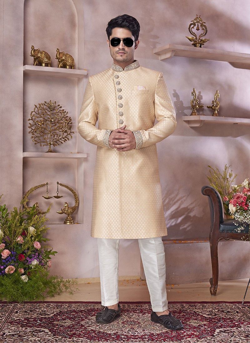 Peach Banarasi Silk Jacquard Indowestern Sherwani Wedding Wear