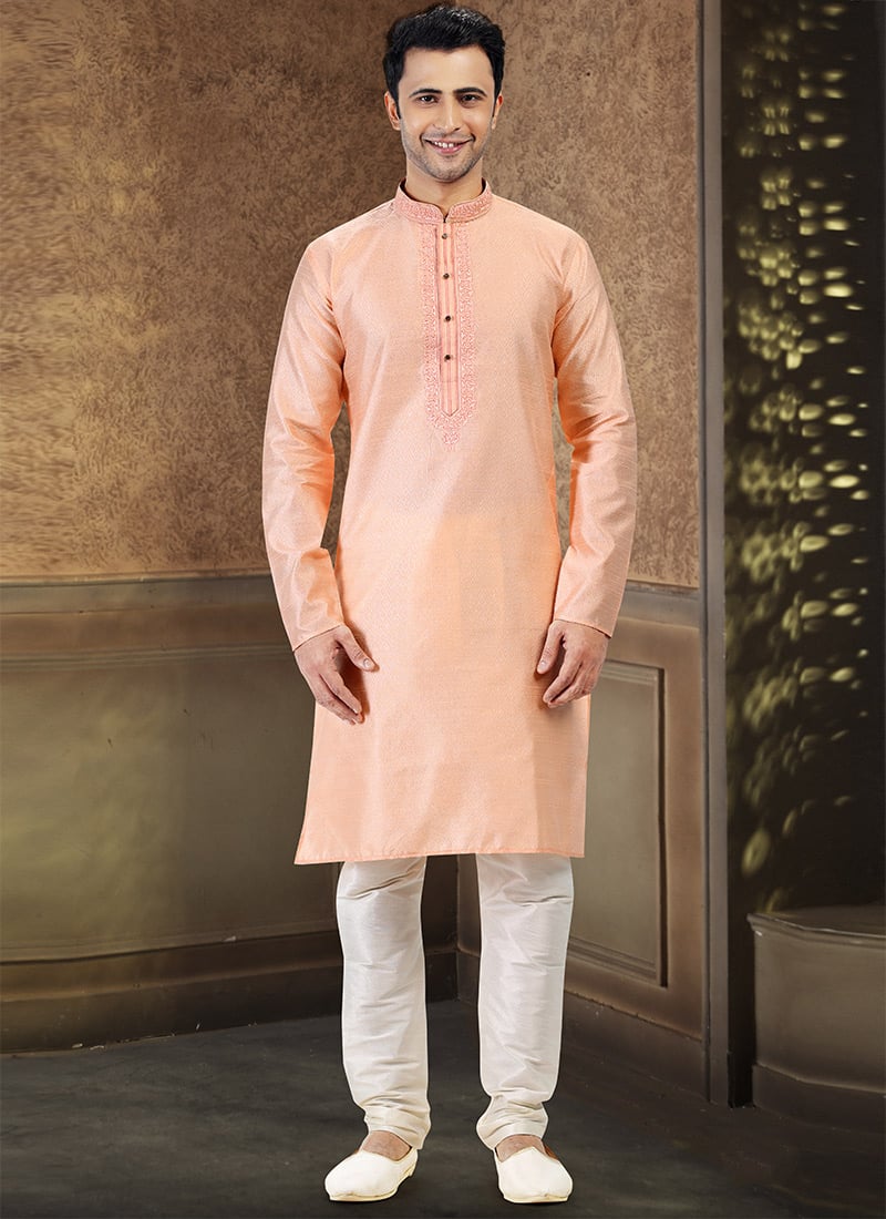 Peach Banarasi Silk Jacquard Work Kurta Pyjama Party Wear
