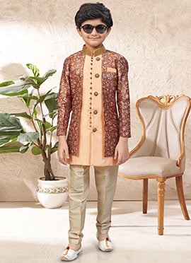 Peach Banarasi Silk Printed Zari Kids Boys Indowestern Sherwani