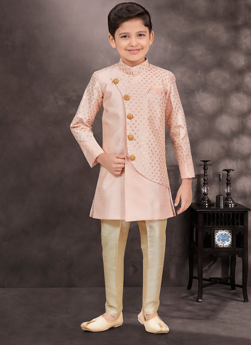 Peach Banarasi Silk Sequins Indowestern Sherwani Perfect For Occasions Wedding Wear