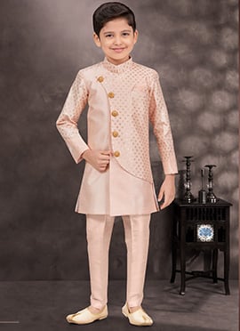 Peach Banarasi Silk Thread Sequins Kids Boys Indowestern Sherwani