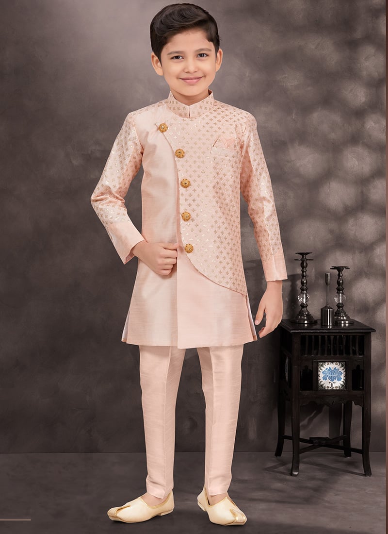 Peach Banarasi Silk Thread Sequins Kids Boys Indowestern Sherwani  Wedding Wear