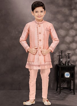 Peach Banarasi Silk Thread Sequins Kids Boys Indowestern Sherwani