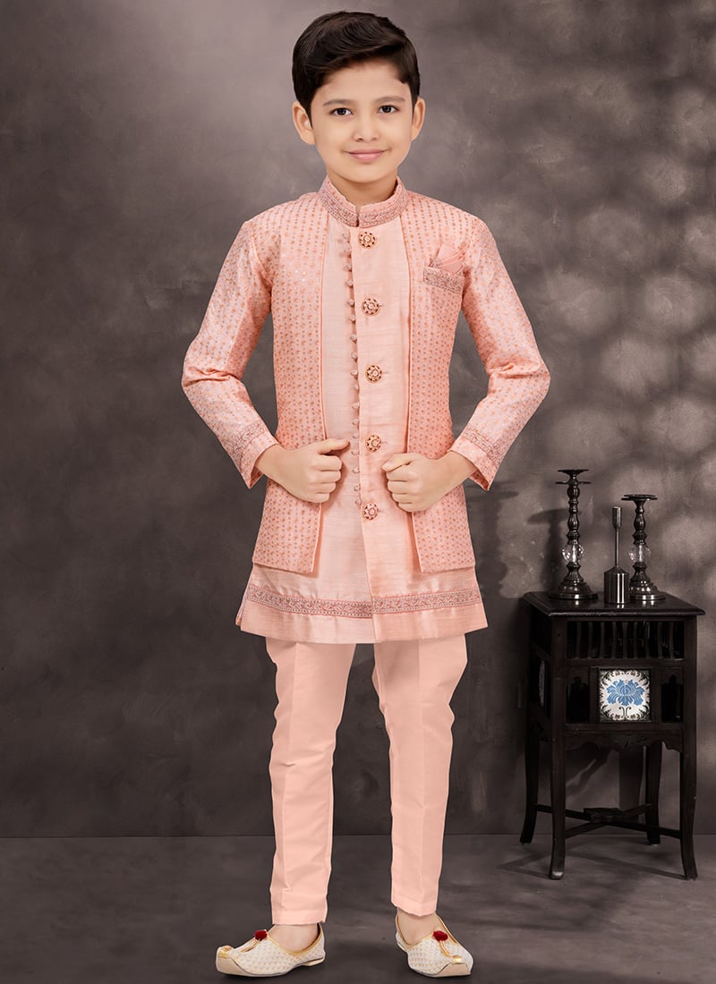Peach Banarasi Silk Thread Sequins Kids Boys Indowestern Sherwani  Wedding Wear