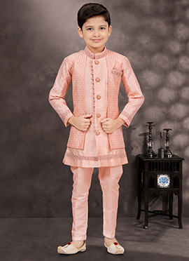 Peach Banarasi Silk Thread Sequins Kids Boys Indowestern Sherwani