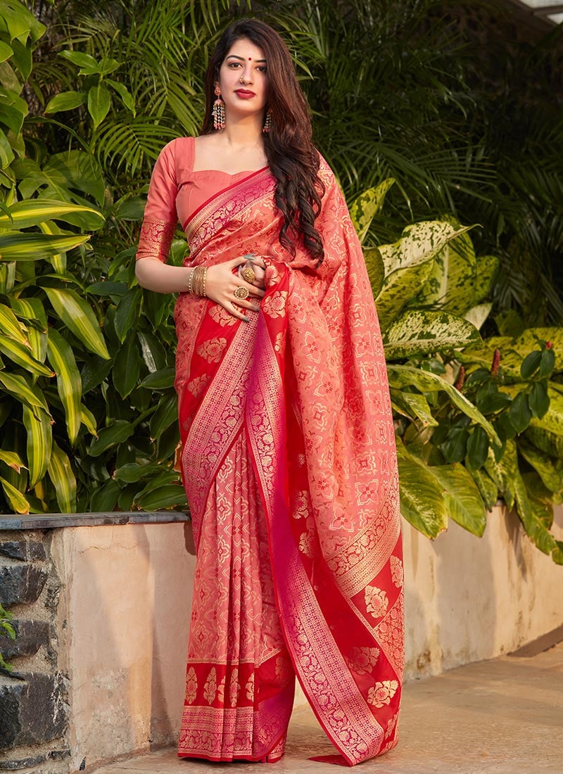 Peach Banarasi Silk Weaving Saree