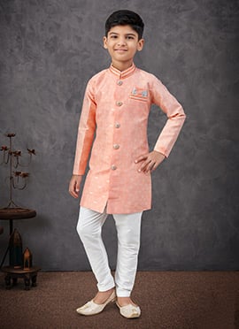 Peach Banarasi Silk With Zari Work Jacquard Embroidered Sequins Boys Indowestern Sherwani