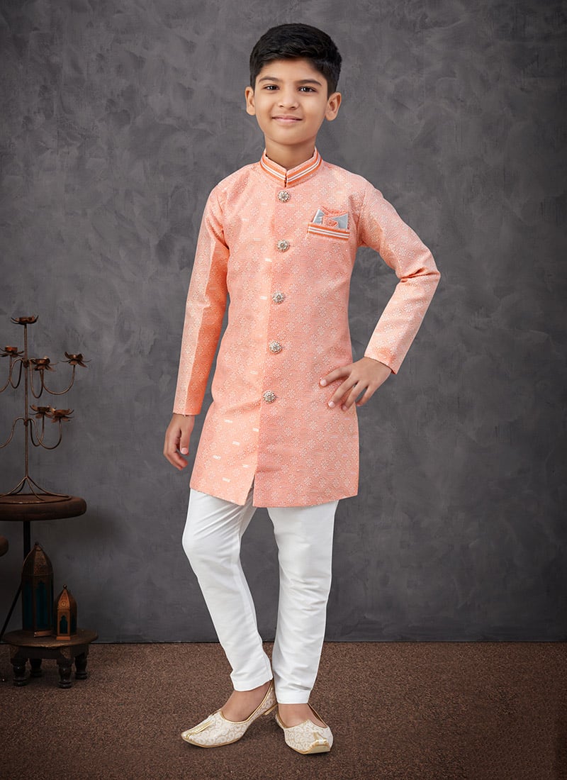 Peach Banarasi Silk With Zari Work Jacquard Embroidered Sequins Boys Indowestern Sherwani Wedding Wear