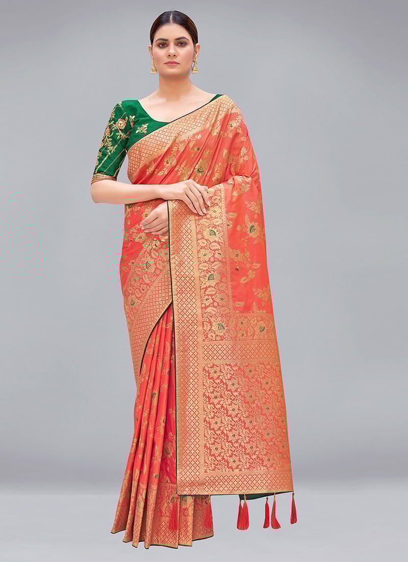 Peach Banarasi Silk Zari Embroidered Sequins Saree Festive Wear