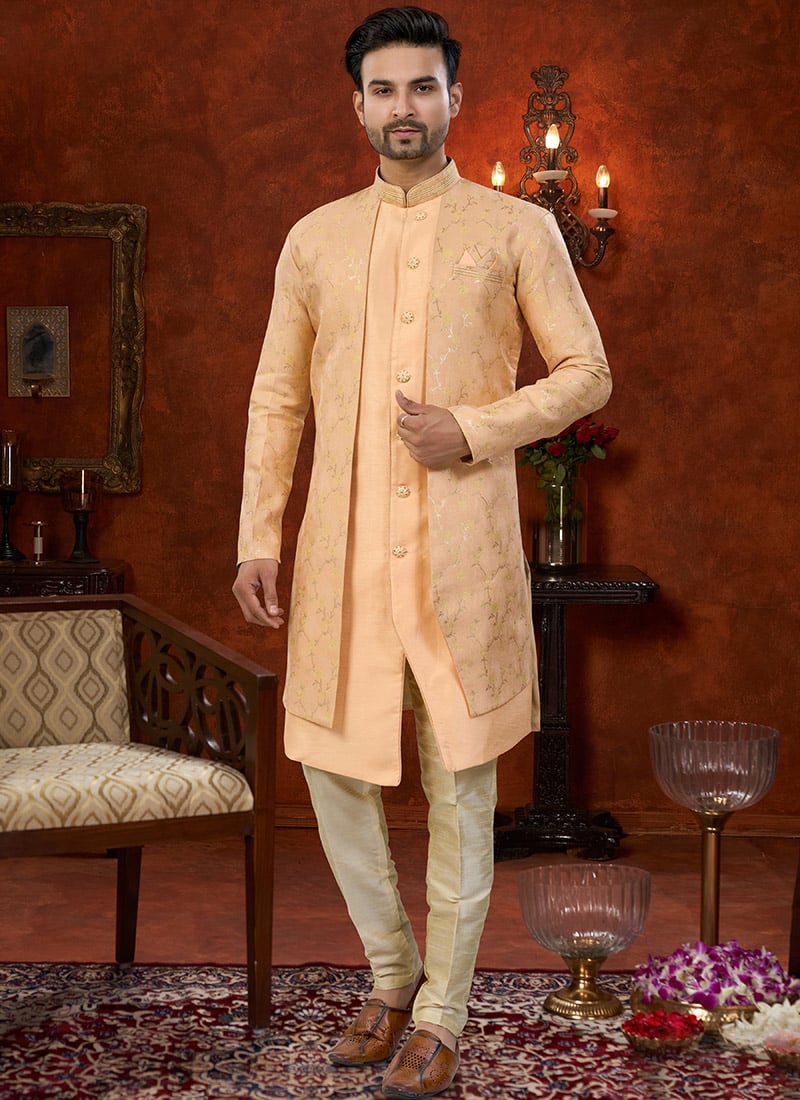 Peach Banarasi Silk Zari Jacquard Indowestern Sherwani Wedding Wear