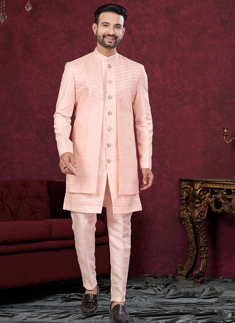 Peach Bangalore Silk Embroidered Sequins Indowestern Sherwani Wedding Wear