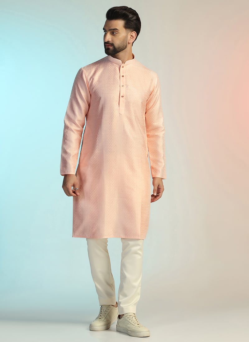 Peach Banglory Silk Embroidered Kurta Pyjama Festive Wear