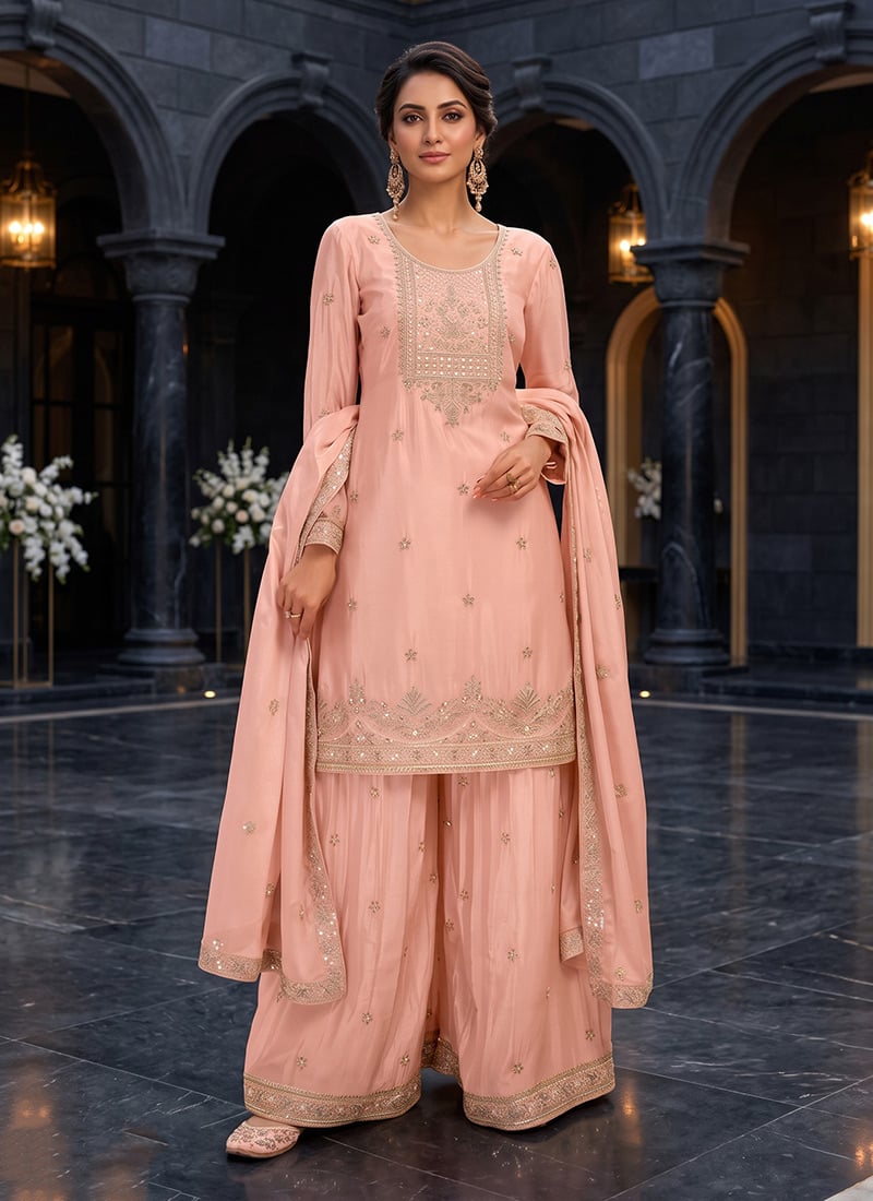 Peach Beaded Sequined Embroidered Chinon Palazzo Suit After Six Wear