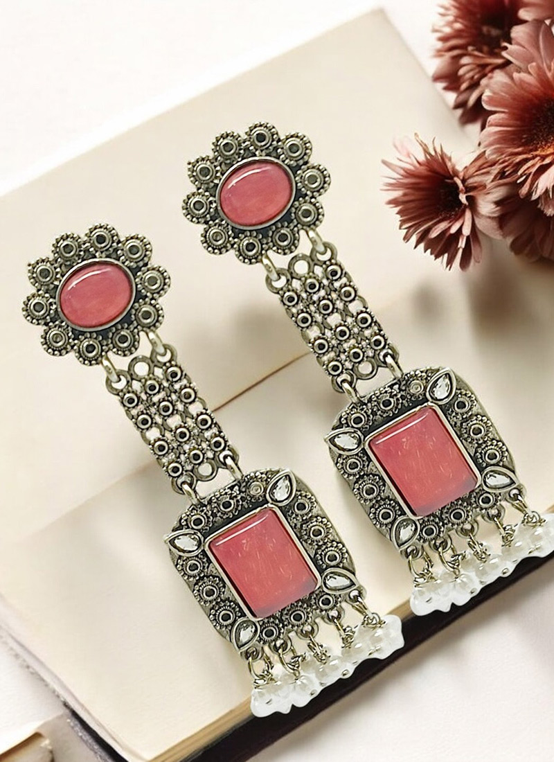 Peach Beads Oxidised Danglers