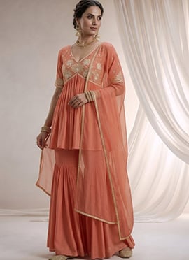 Peach Beads Sequins Hand Embroidered Silk Sharara Suit