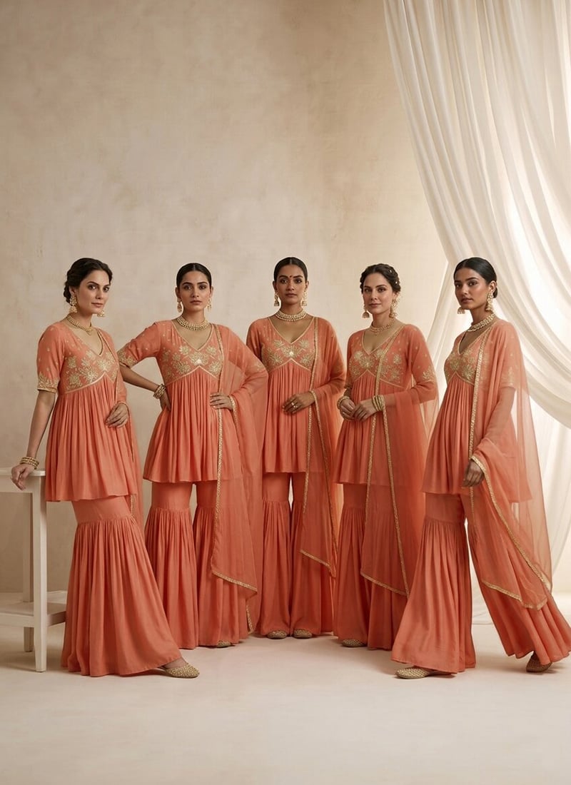 Peach Beads Sequins Hand Embroidered Silk Sharara Suit Festive Wear