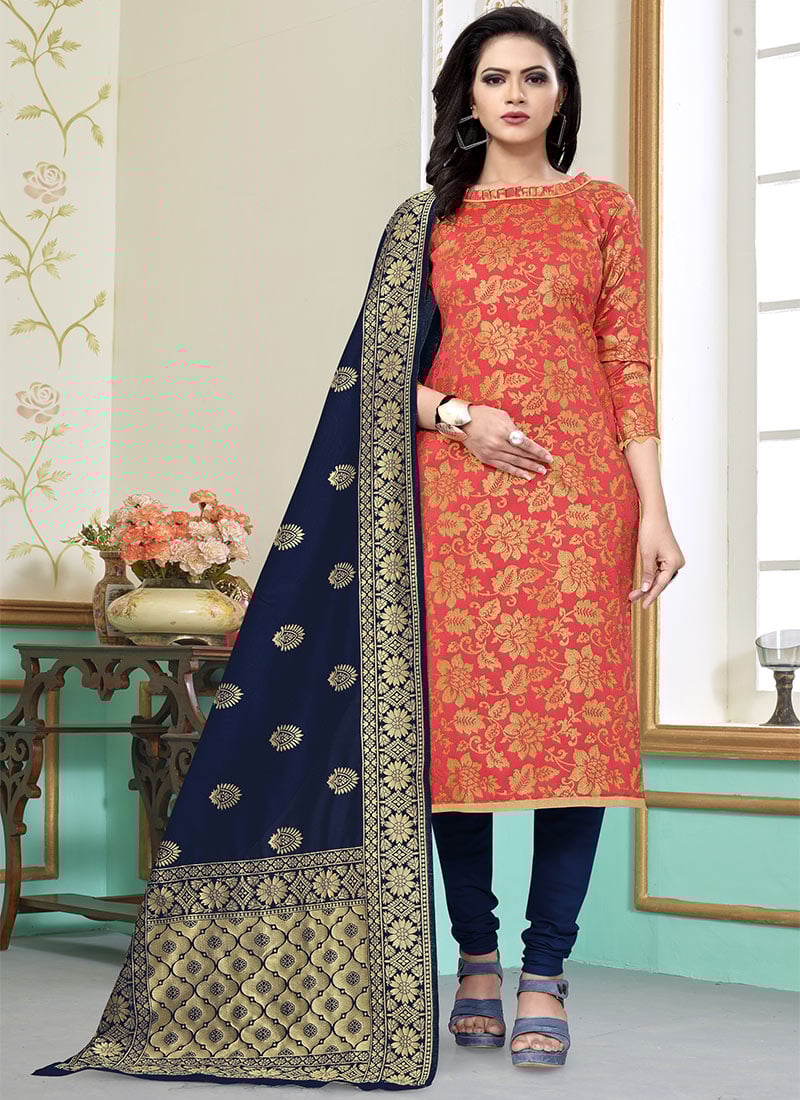 Peach Benarasi Art Silk Churidar Suit