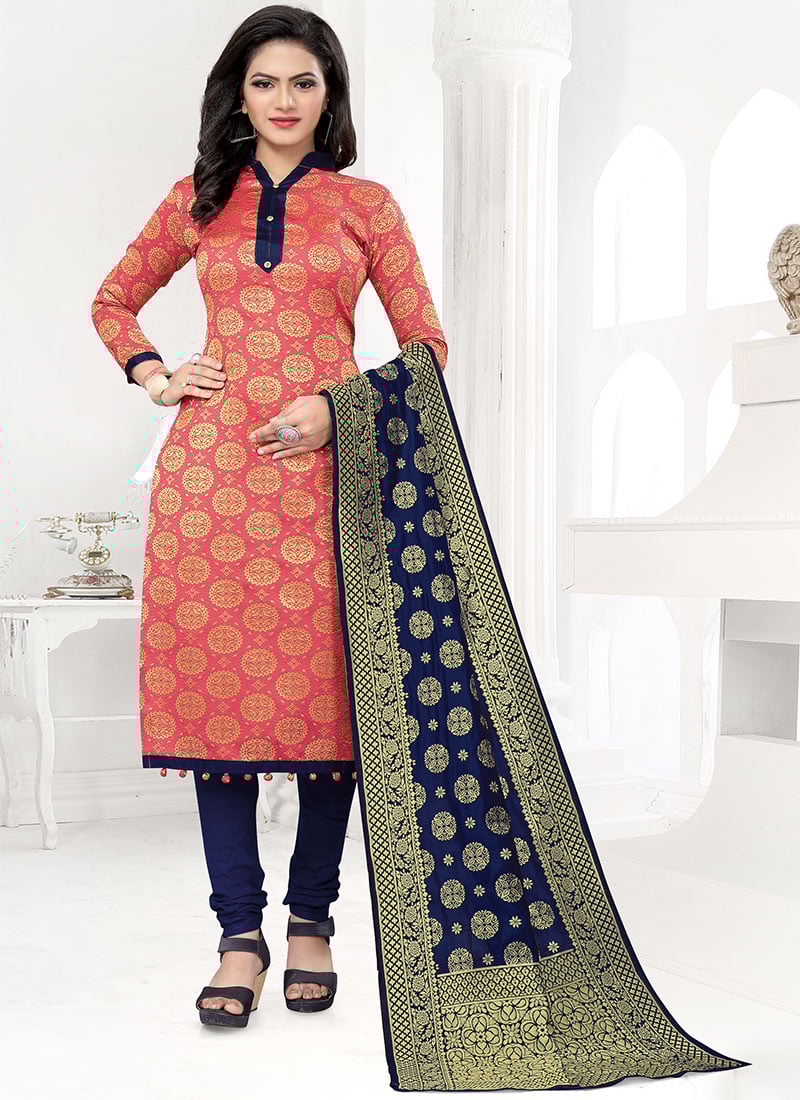 Peach Benarasi Art Silk Churidar Suit