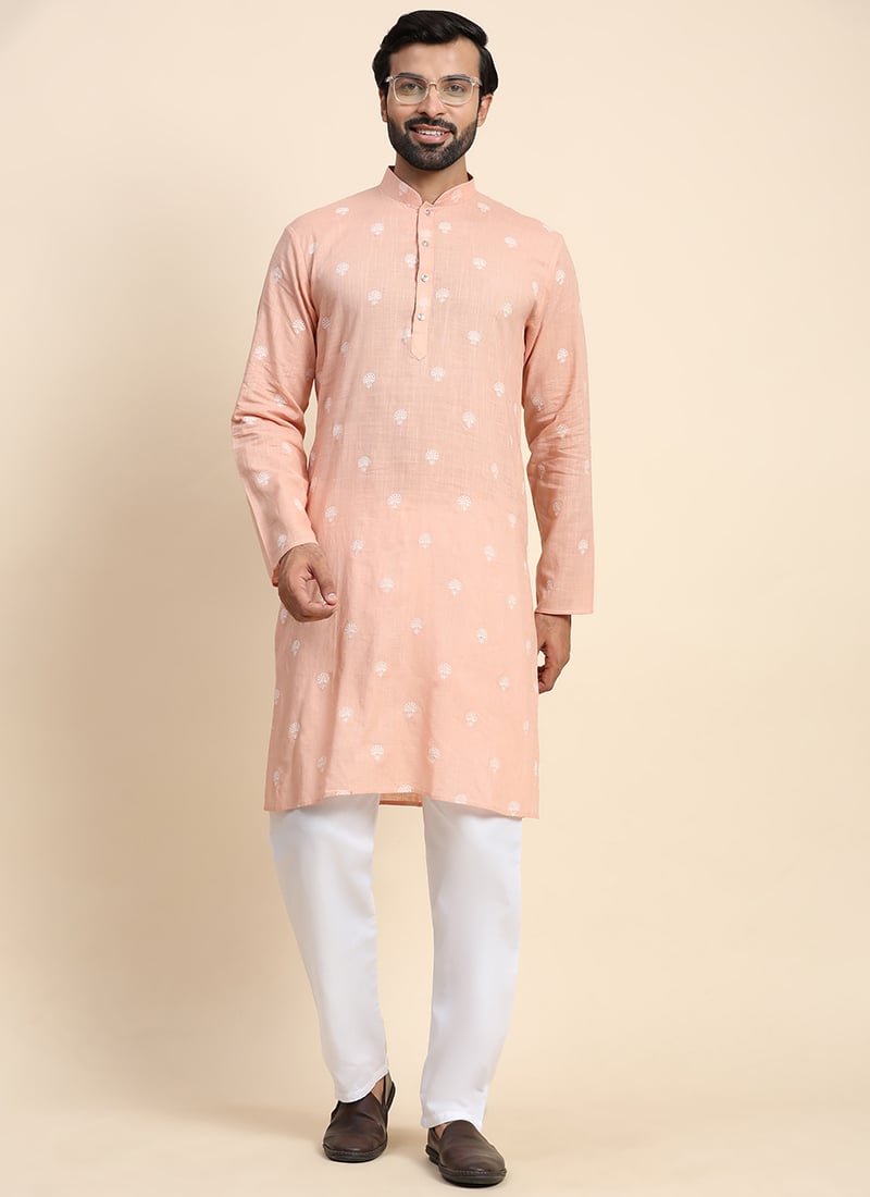 Peach Blended Cotton Embroidered Kurta