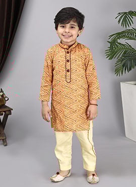 Peach Blended Cotton Printed Kids Boys Kurta Pyjama Set