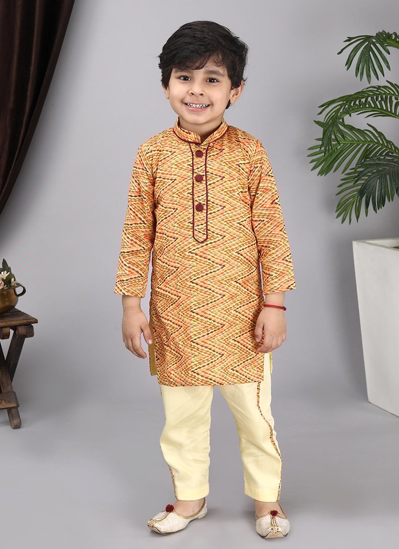 Peach Blended Cotton Printed Kids Boys Kurta Pyjama Set