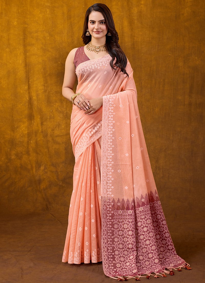 Peach Blended Cotton Woven Saree Festive Wear