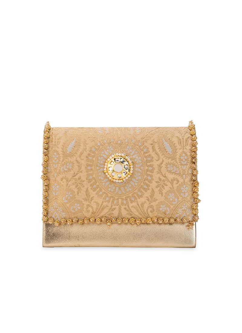 Peach Brocade Beads Hand Bag Wedding Wear