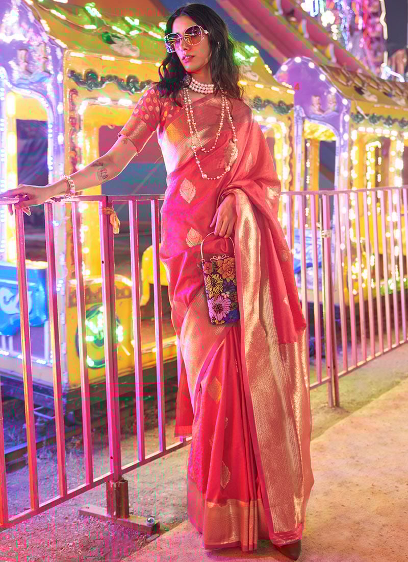 Peach Brocade Silk Saree Festive Wear