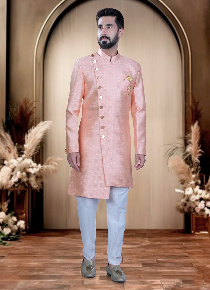 Peach Brocade Zari Indowestern Sherwani  For Men Wedding Wear