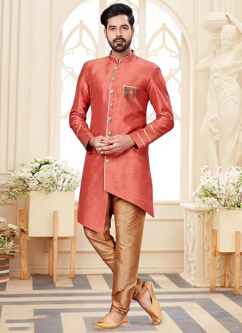 Peach Champion Silk Indowestern Sherwani Wedding Wear