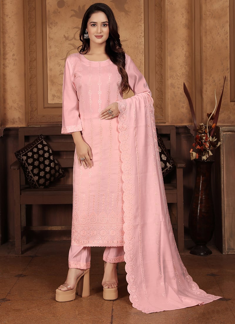 Peach Chanderi Embroidered Sequins Straight Pant Suit Festive Wear