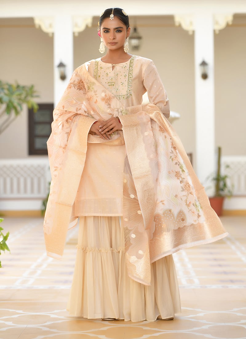 Peach Chanderi Floral Printed Embroidered Sharara Suit Festive Wear