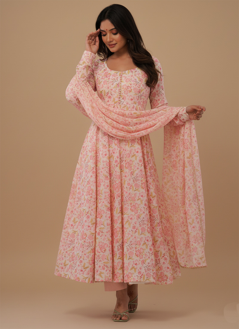 Peach Chiffon Printed Anarkali Suit After Six Wear