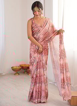 Peach Chinon Digital Print Cut Work Foil Mirror Border Saree