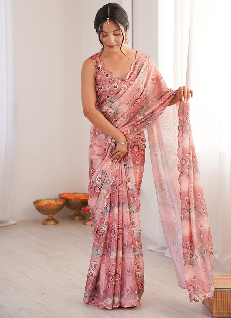 Peach Chinon Digital Print Cut Work Foil Mirror Border Saree After Six Wear